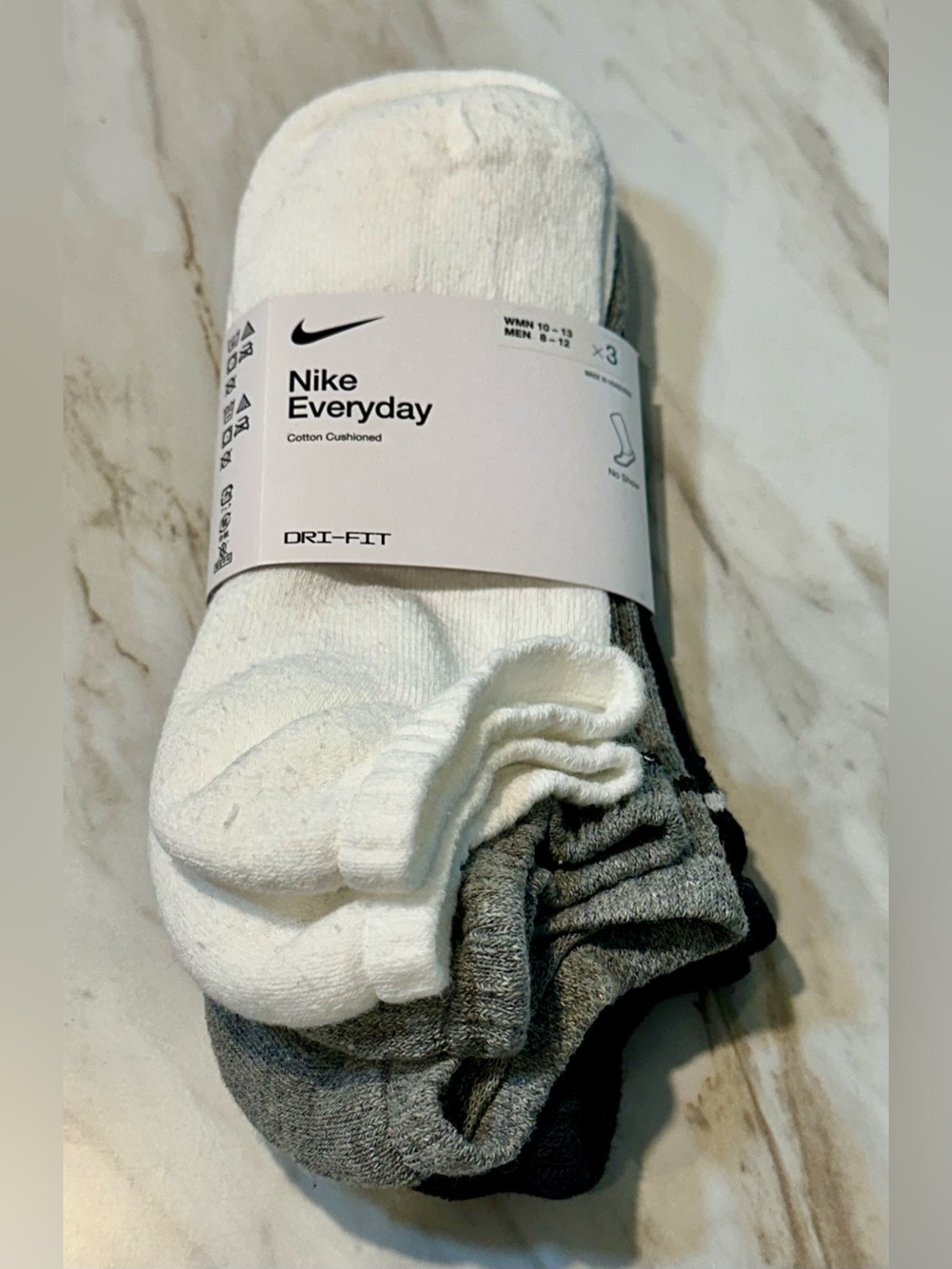 Nike Everyday No-Show Athletic Socks - White, Gray, Black (3 Pack)